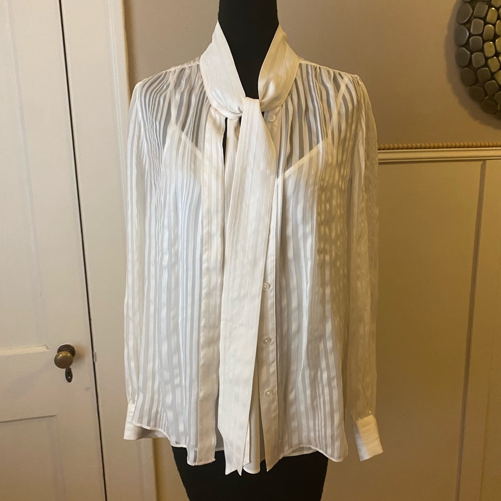 Elegant Marie Oliver White Sheer Blouse with Tie Neck